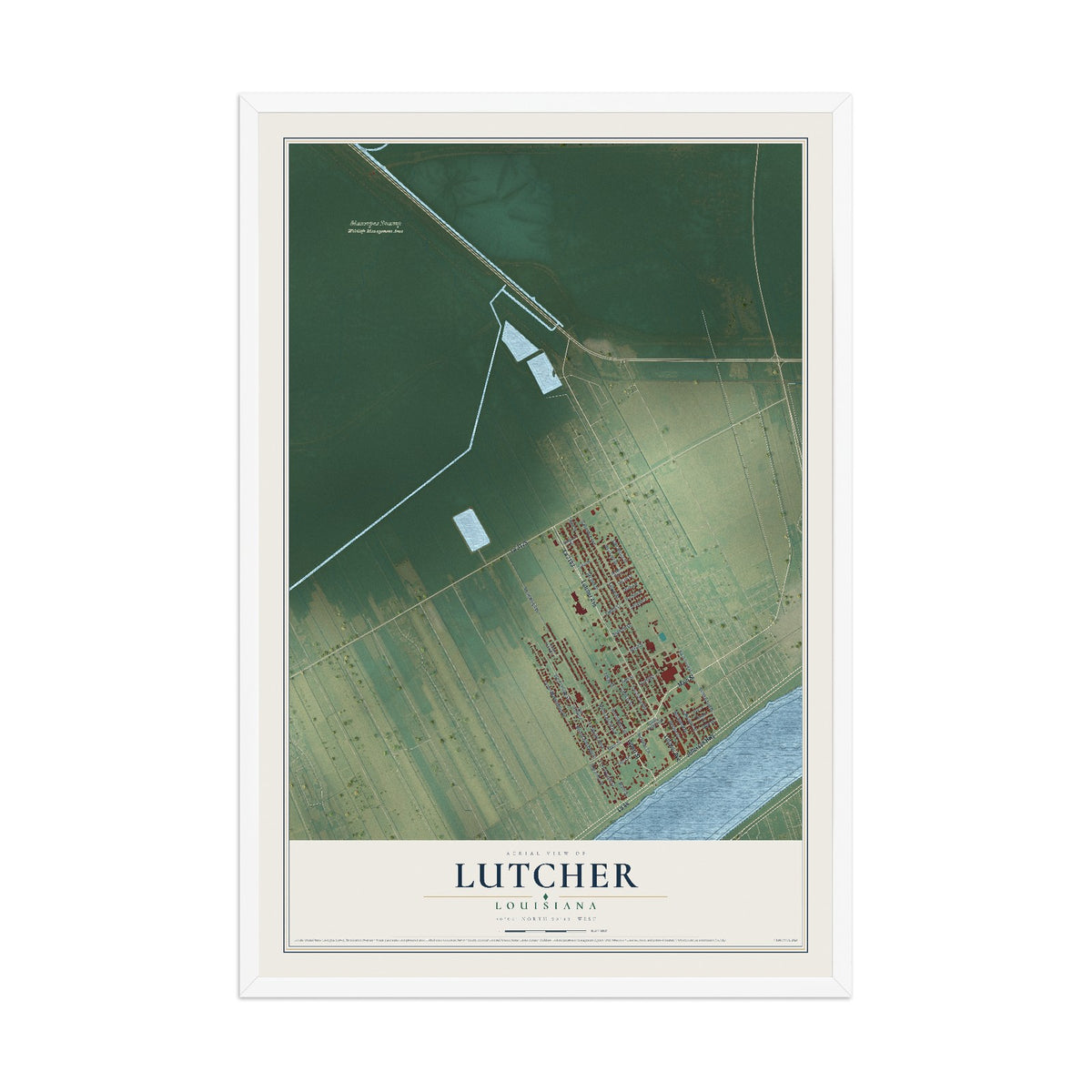 Map of Lutcher, Louisiana, 12 x 18 inch print in a white wood frame