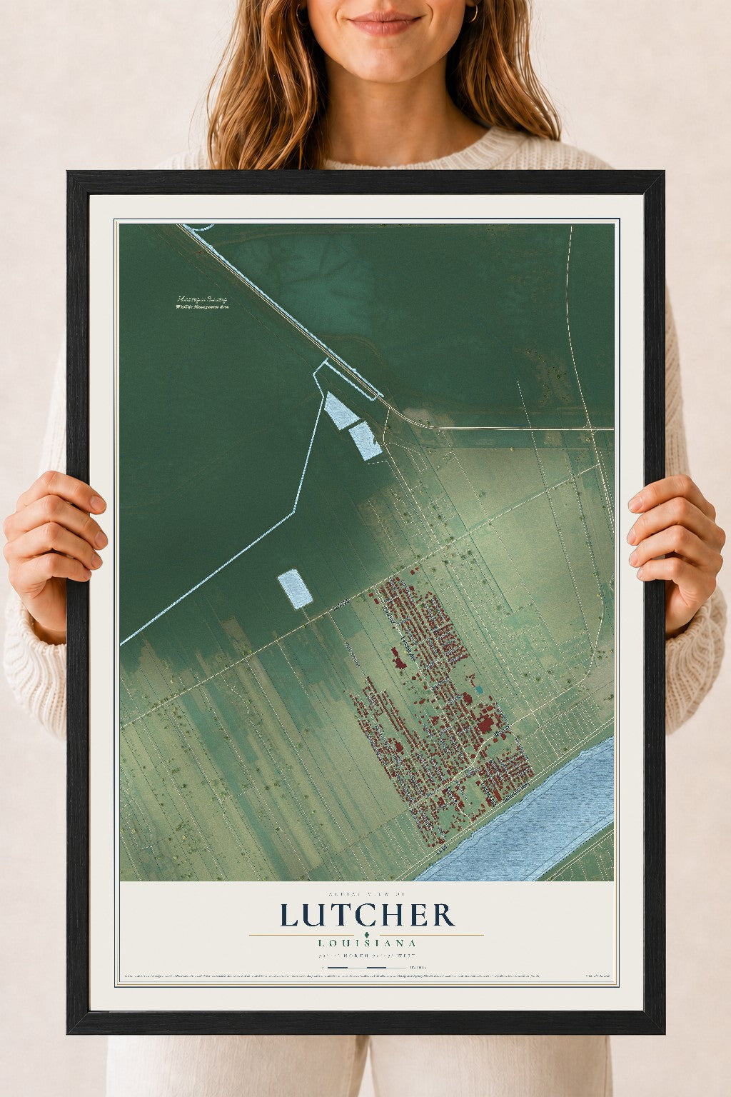 Map of Lutcher, Louisiana, 18 x 24 inch print in a black wood frame