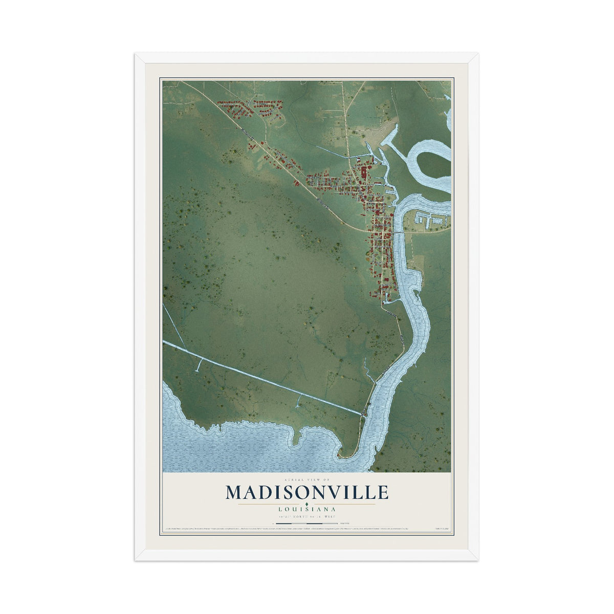 Map of Madisonville, Louisiana, 12 x 18 inch print in a white wood frame
