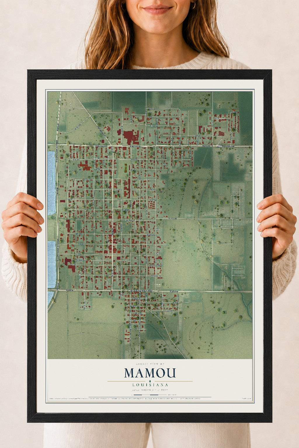 Map of Mamou, Louisiana, 18 x 24 inch print in a black wood frame