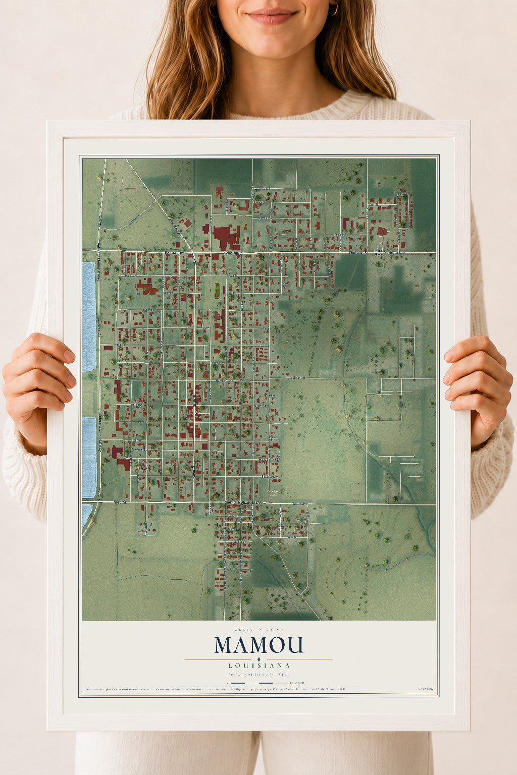 Map of Mamou, Louisiana, 18 x 24 inch print in a white wood frame