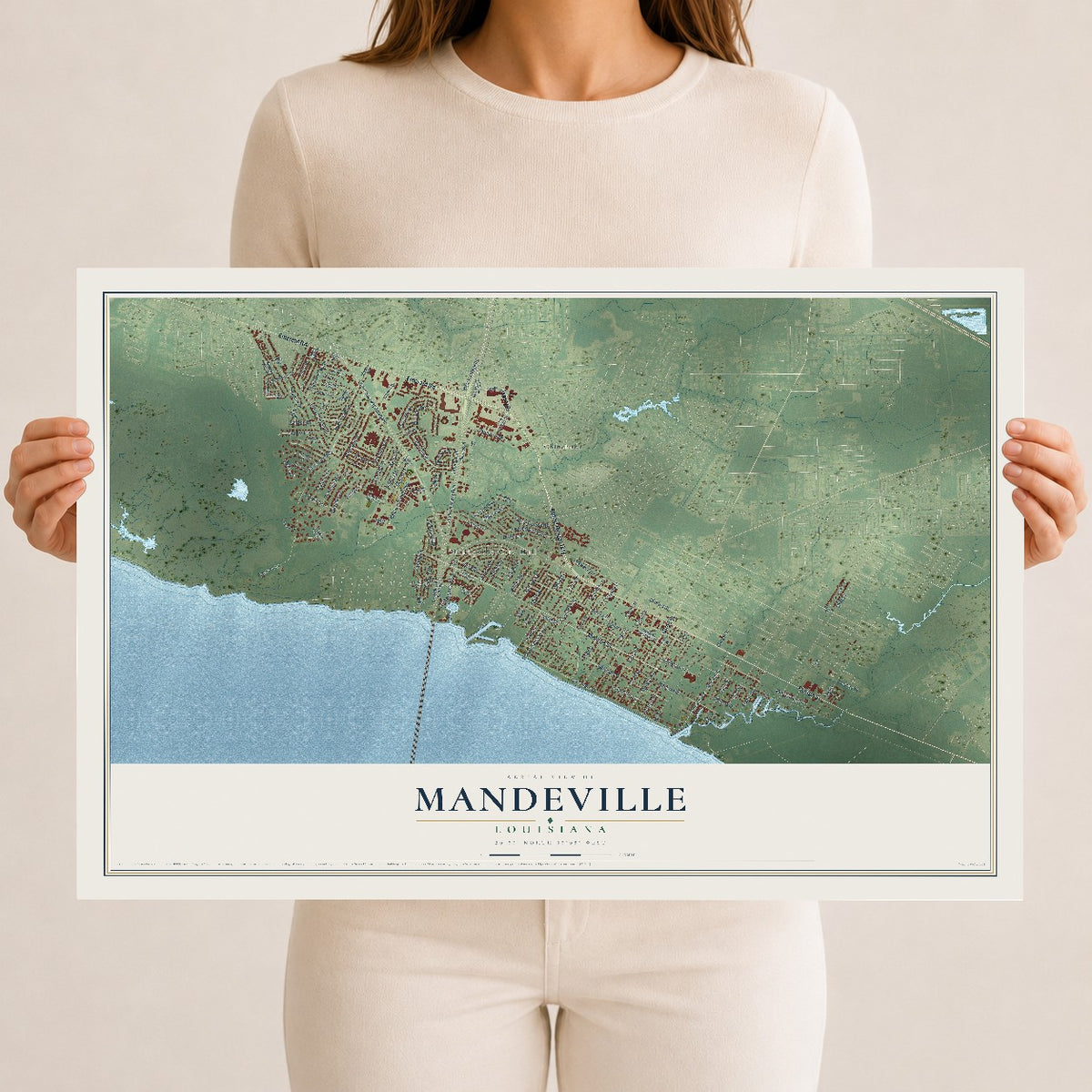 Map of Mandeville, Louisiana, 12 x 18 inch unframed archival matte print