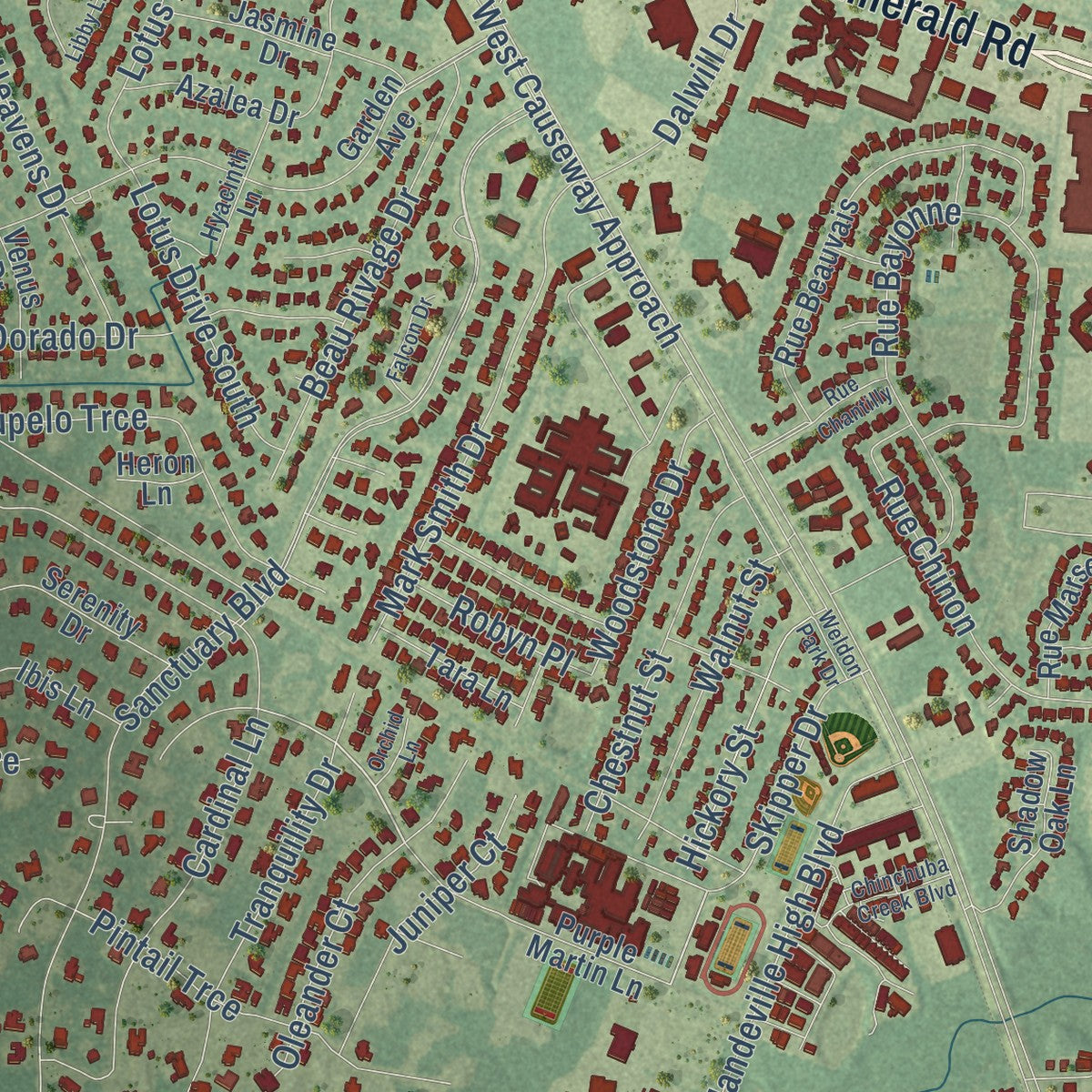 Close-up of the map of Mandeville, Louisiana print showing street and building detail
