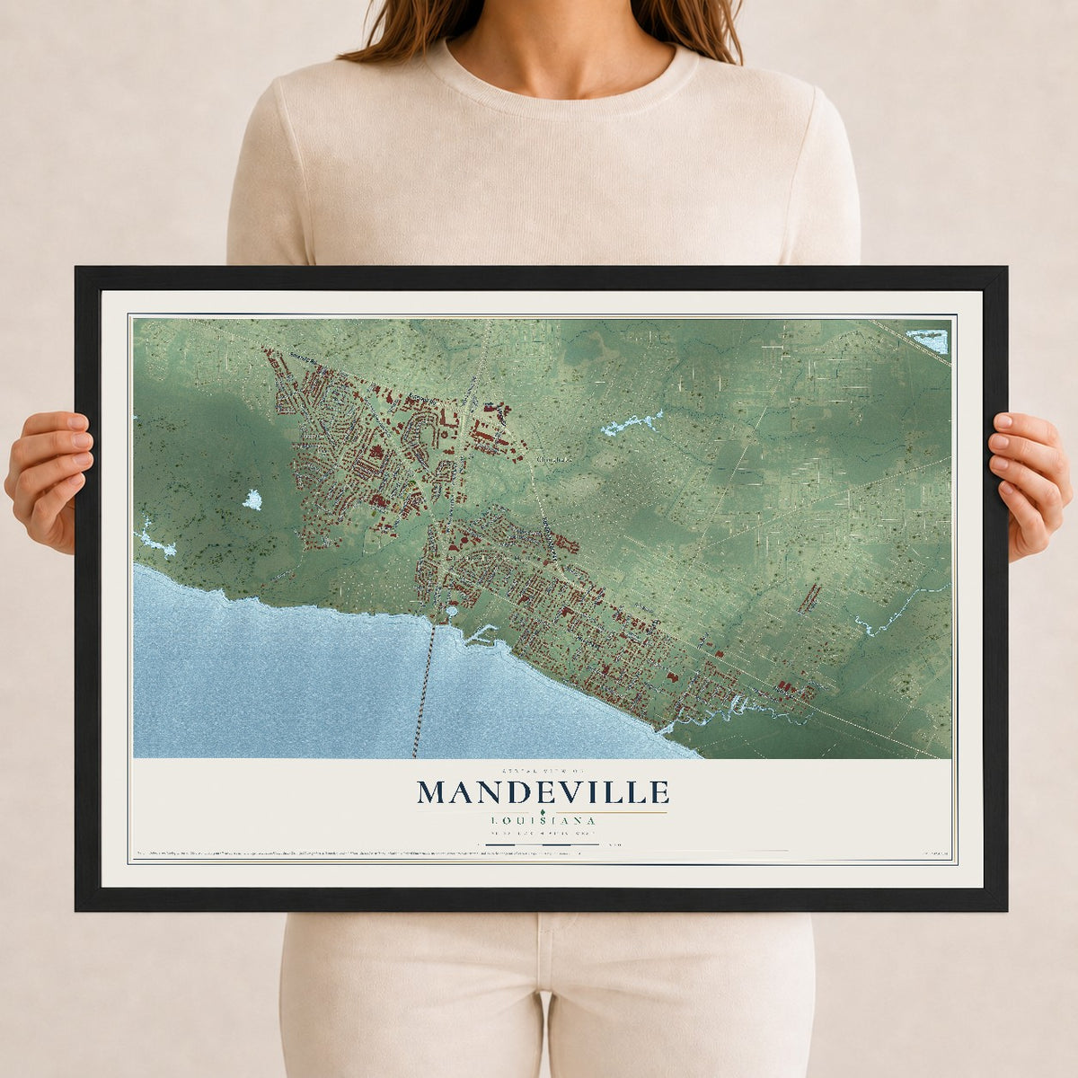 Map of Mandeville, Louisiana, 12 x 18 inch print in a black wood frame