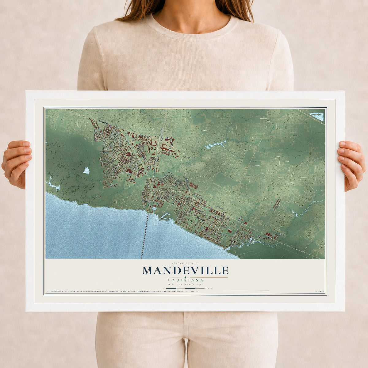 Map of Mandeville, Louisiana, 12 x 18 inch print in a white wood frame