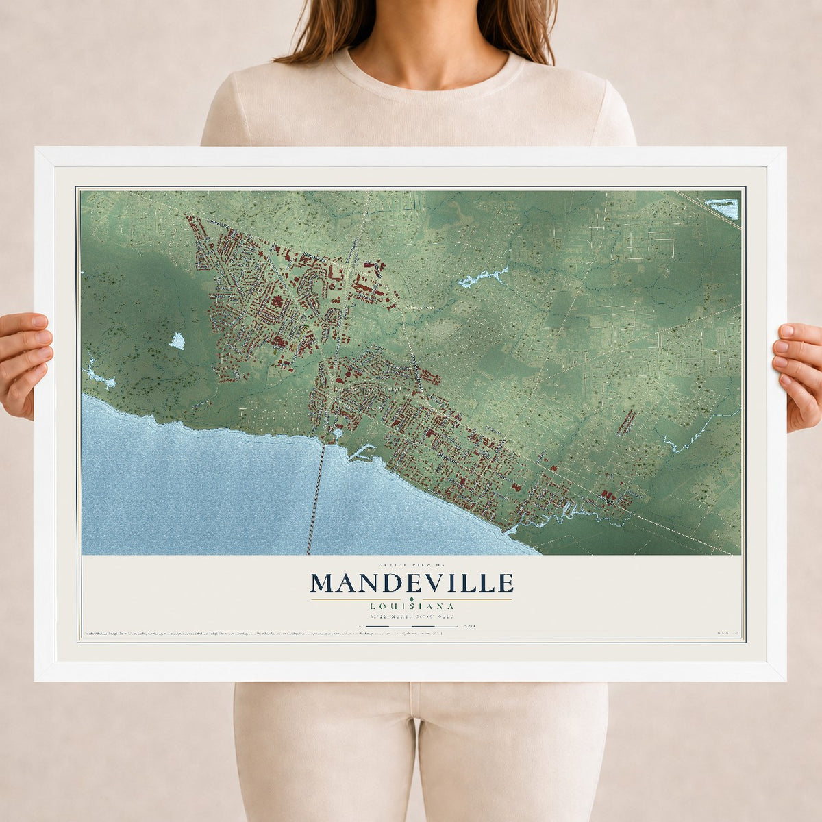 Map of Mandeville, Louisiana, 18 x 24 inch print in a white wood frame