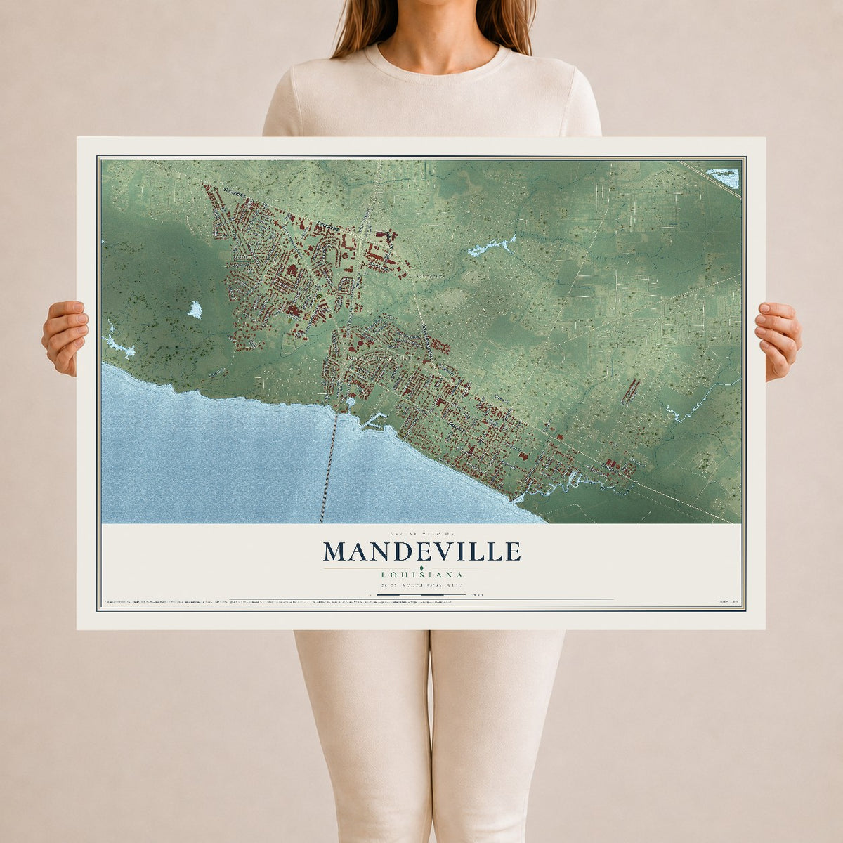 Map of Mandeville, Louisiana, 24 x 36 inch unframed archival matte print