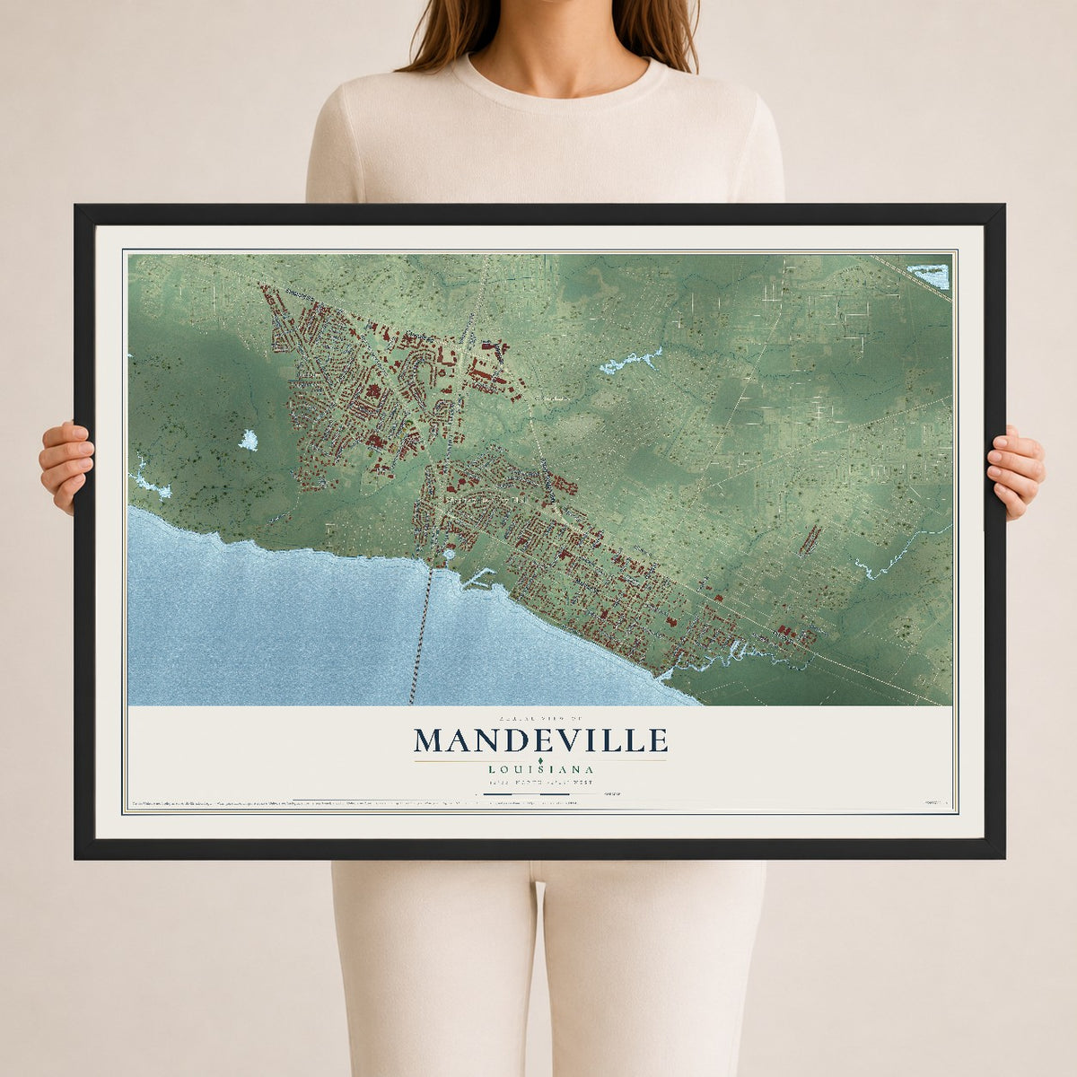 Map of Mandeville, Louisiana, 24 x 36 inch print in a black wood frame