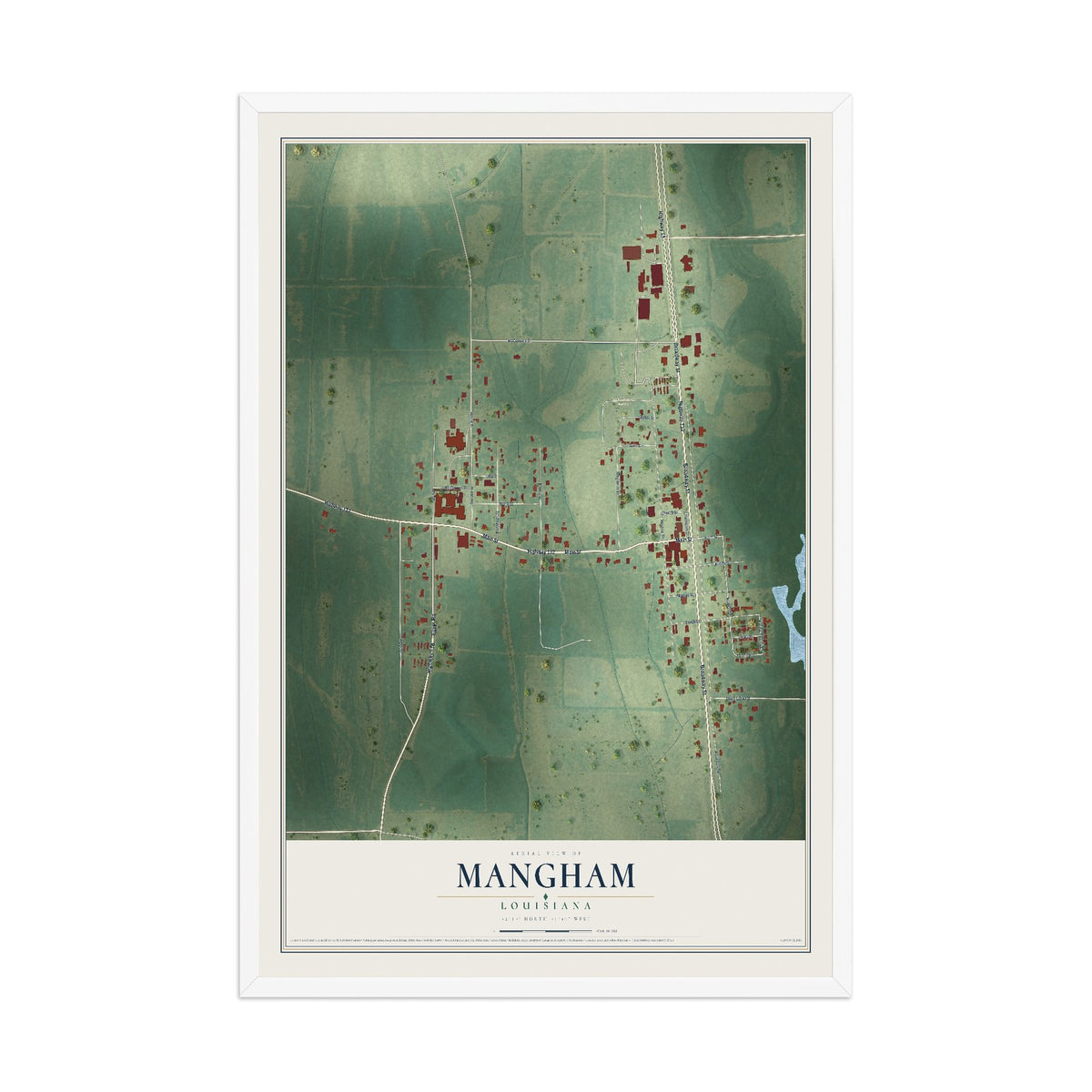 Map of Mangham, Louisiana, 12 x 18 inch print in a white wood frame