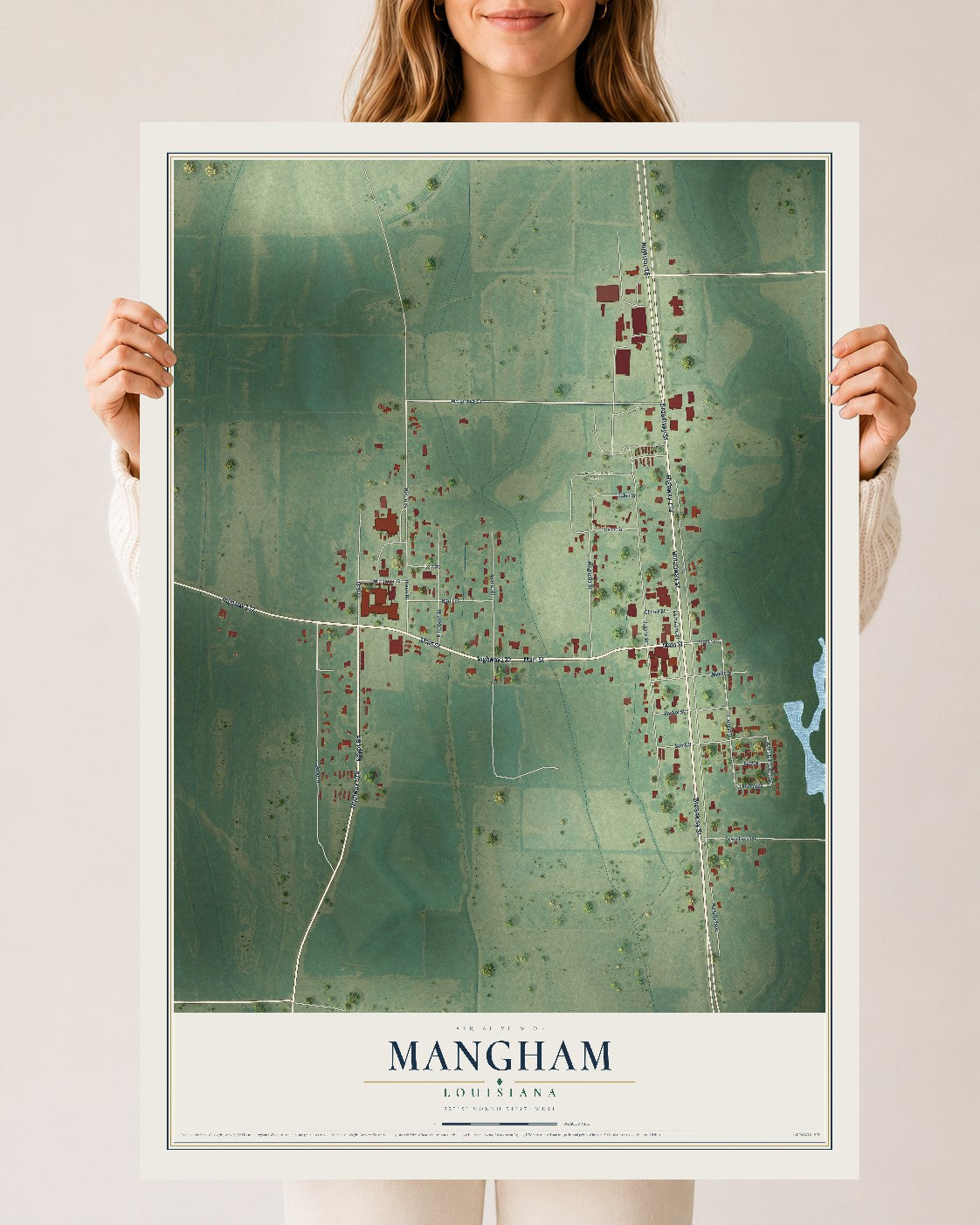 Map of Mangham, Louisiana, 24 x 36 inch unframed archival matte print