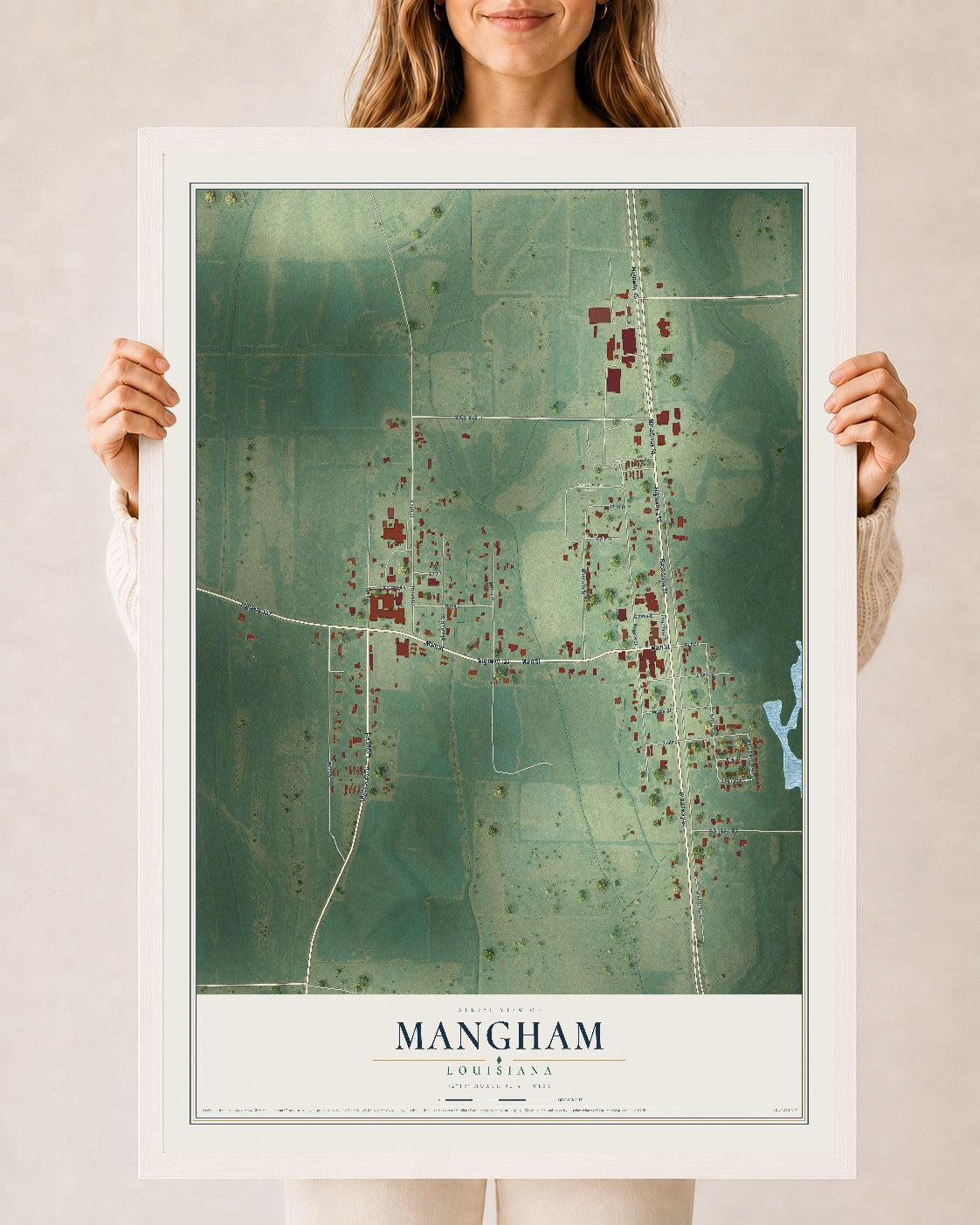 Map of Mangham, Louisiana, 24 x 36 inch print in a white wood frame