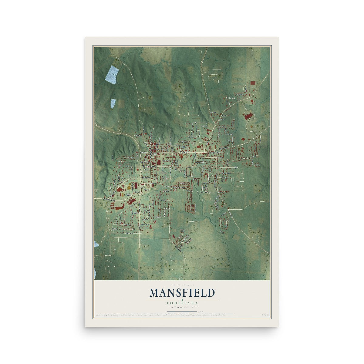 Map of Mansfield, Louisiana, 12 x 18 inch unframed archival matte print