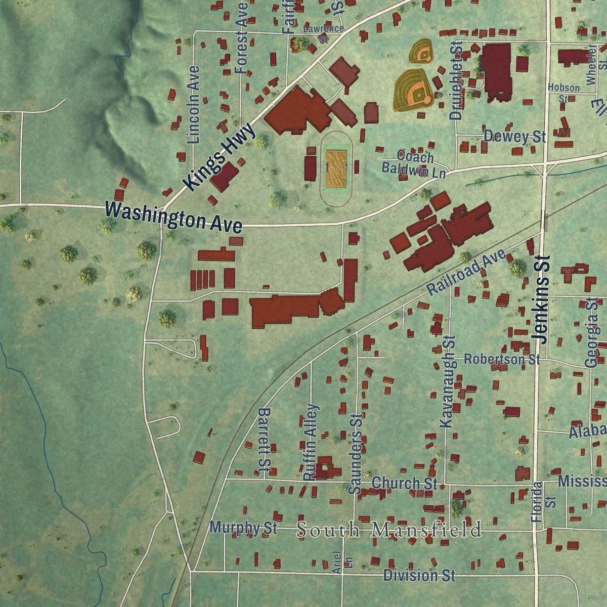 Second close-up of the map of Mansfield, Louisiana print showing more streets and buildings