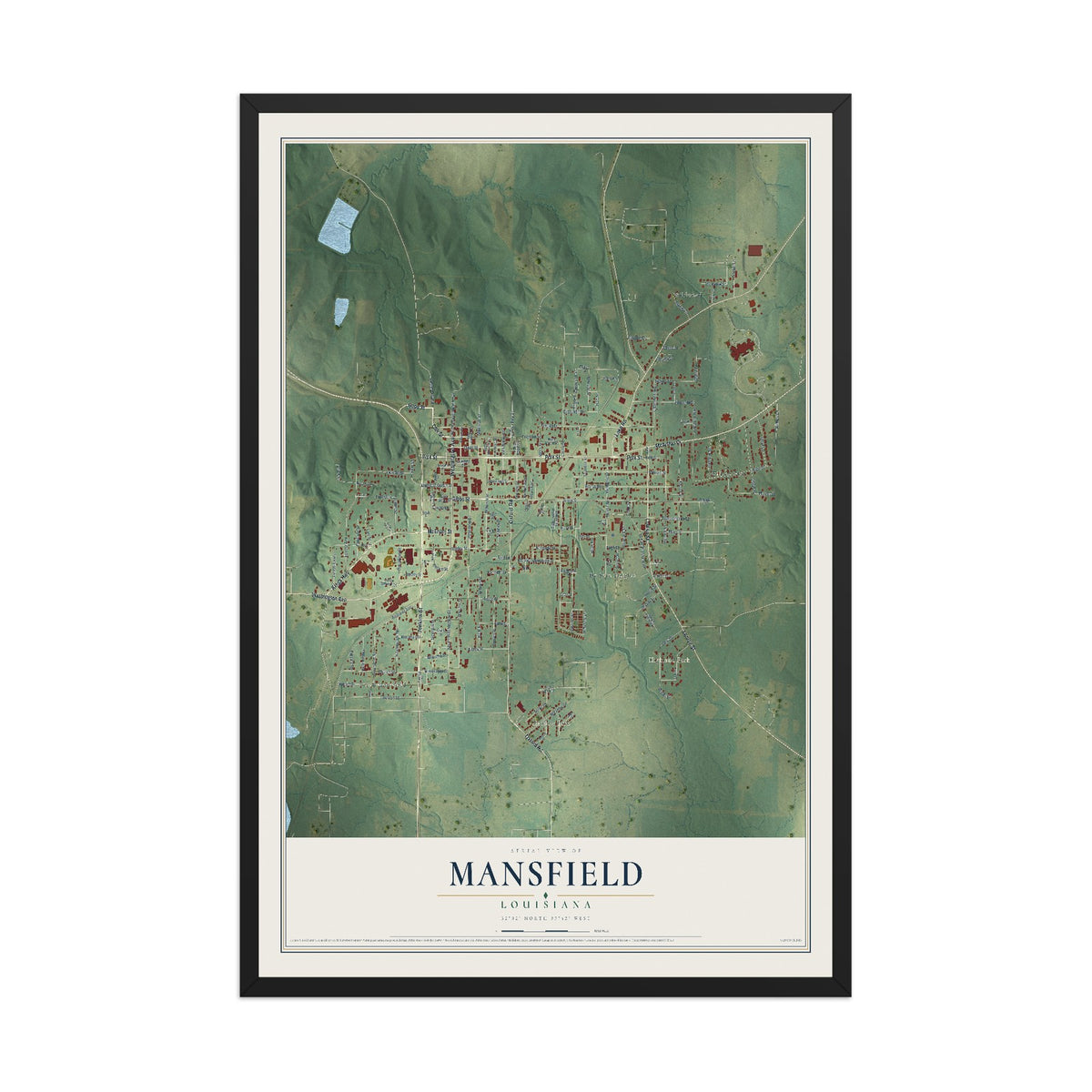 Map of Mansfield, Louisiana, 12 x 18 inch print in a black wood frame