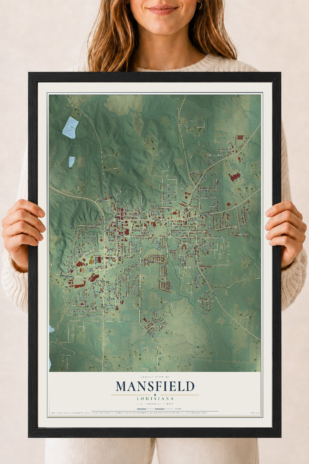 Map of Mansfield, Louisiana, 18 x 24 inch print in a black wood frame
