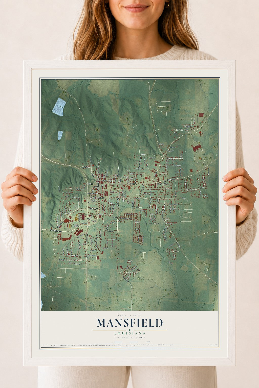 Map of Mansfield, Louisiana, 18 x 24 inch print in a white wood frame