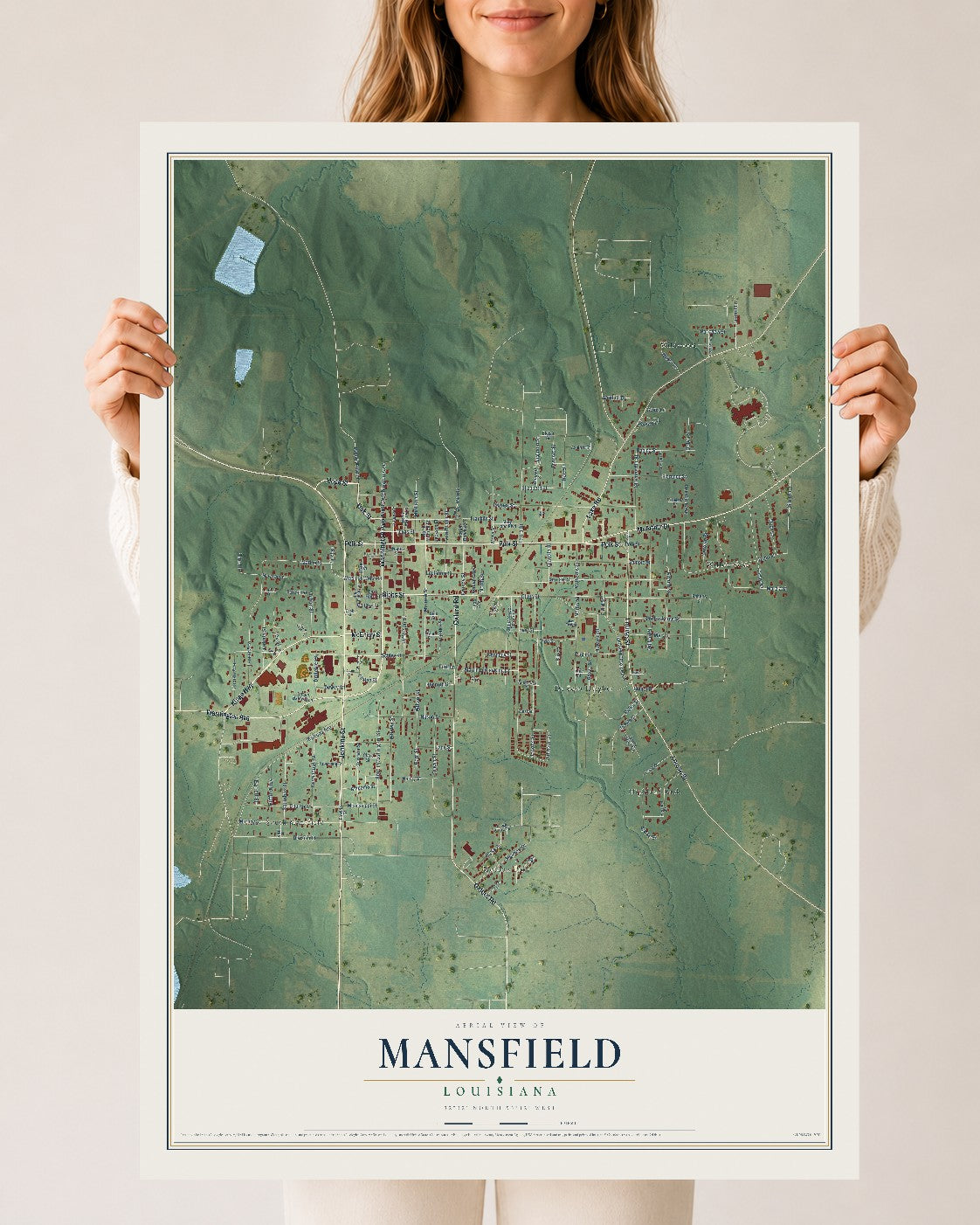 Map of Mansfield, Louisiana, 24 x 36 inch unframed archival matte print