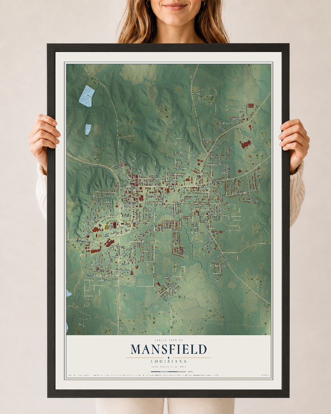 Map of Mansfield, Louisiana, 24 x 36 inch print in a black wood frame
