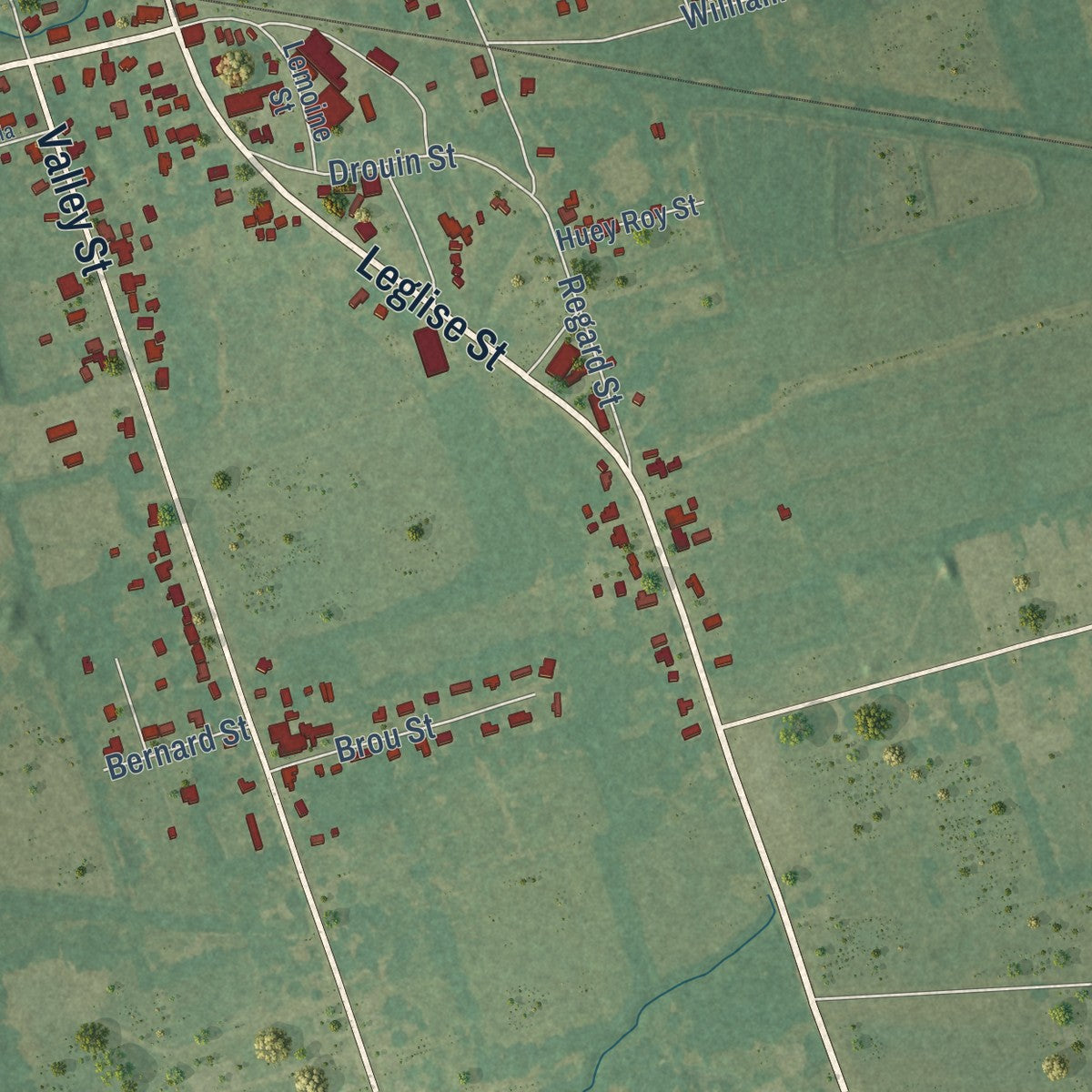 Second close-up of the map of Mansura, Louisiana print showing more streets and buildings