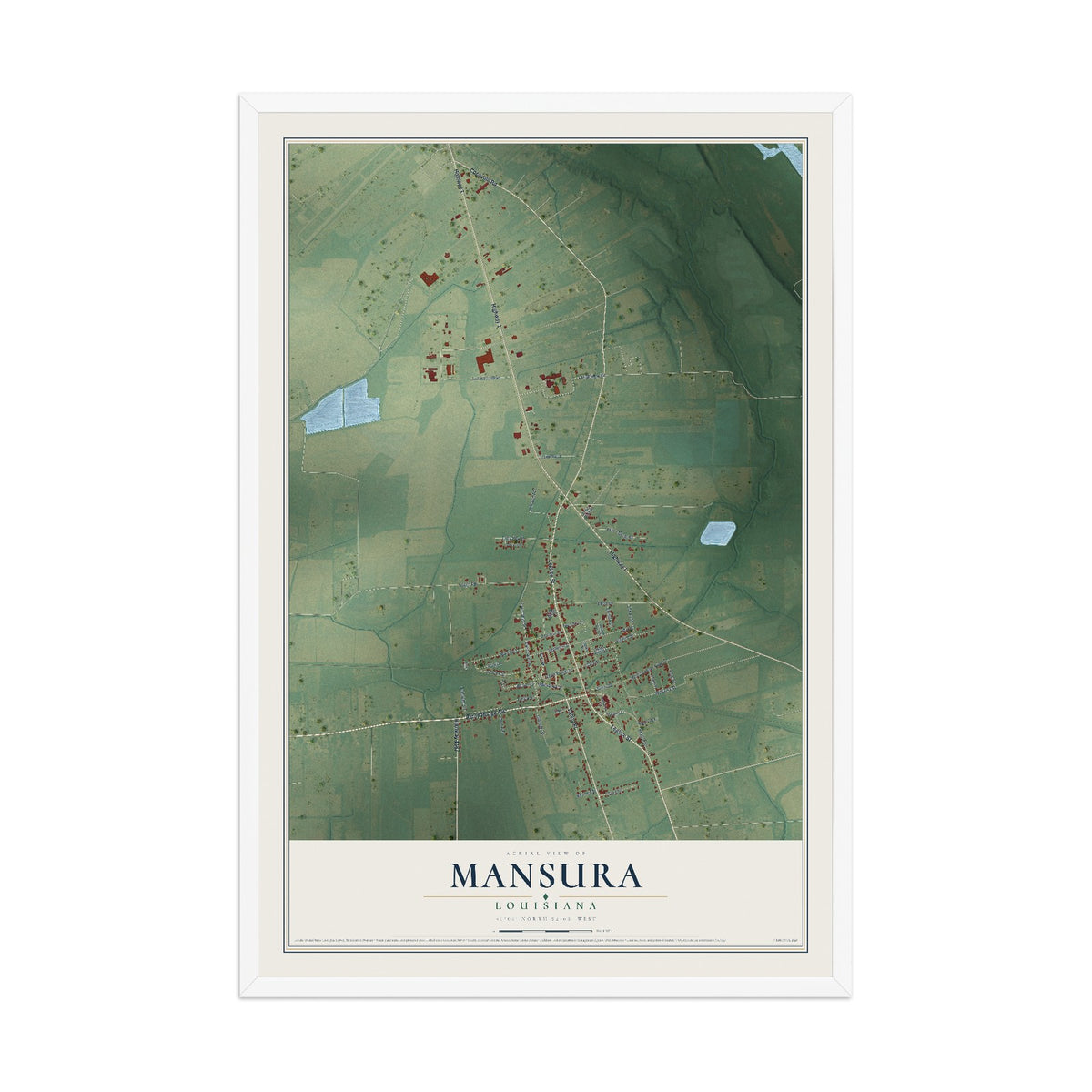 Map of Mansura, Louisiana, 12 x 18 inch print in a white wood frame