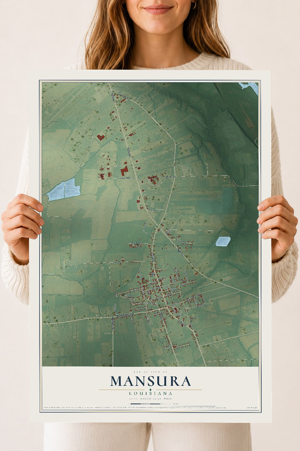 Map of Mansura, Louisiana, 18 x 24 inch unframed archival matte print