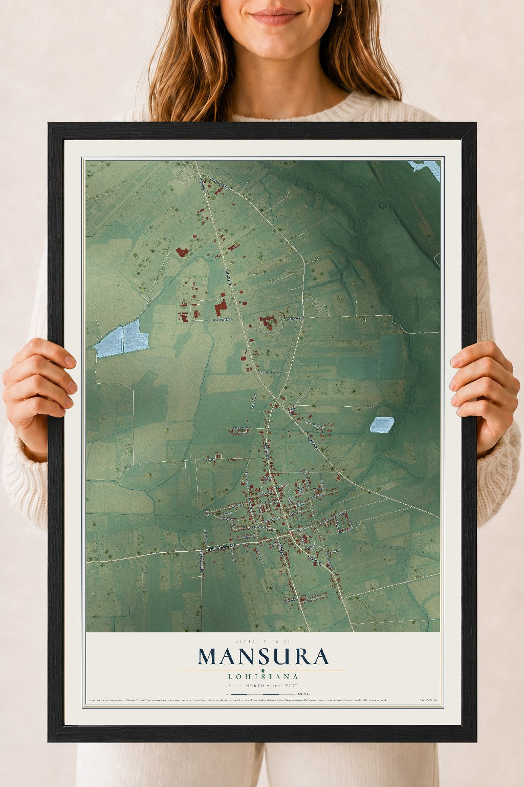 Map of Mansura, Louisiana, 18 x 24 inch print in a black wood frame