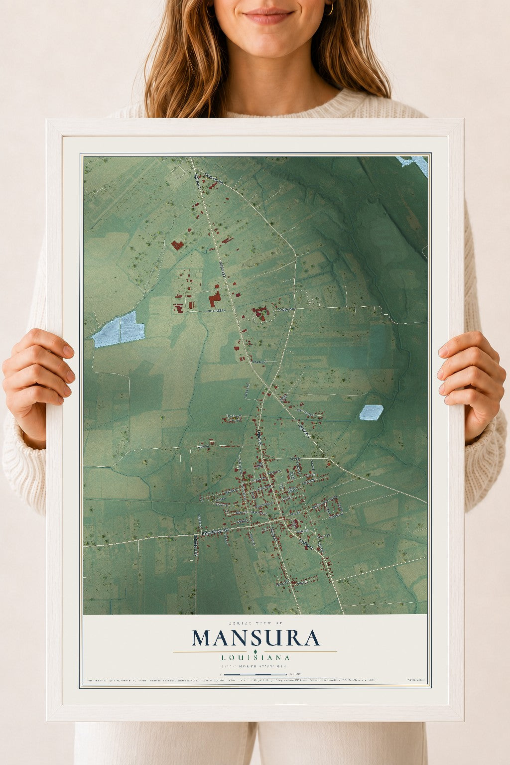 Map of Mansura, Louisiana, 18 x 24 inch print in a white wood frame