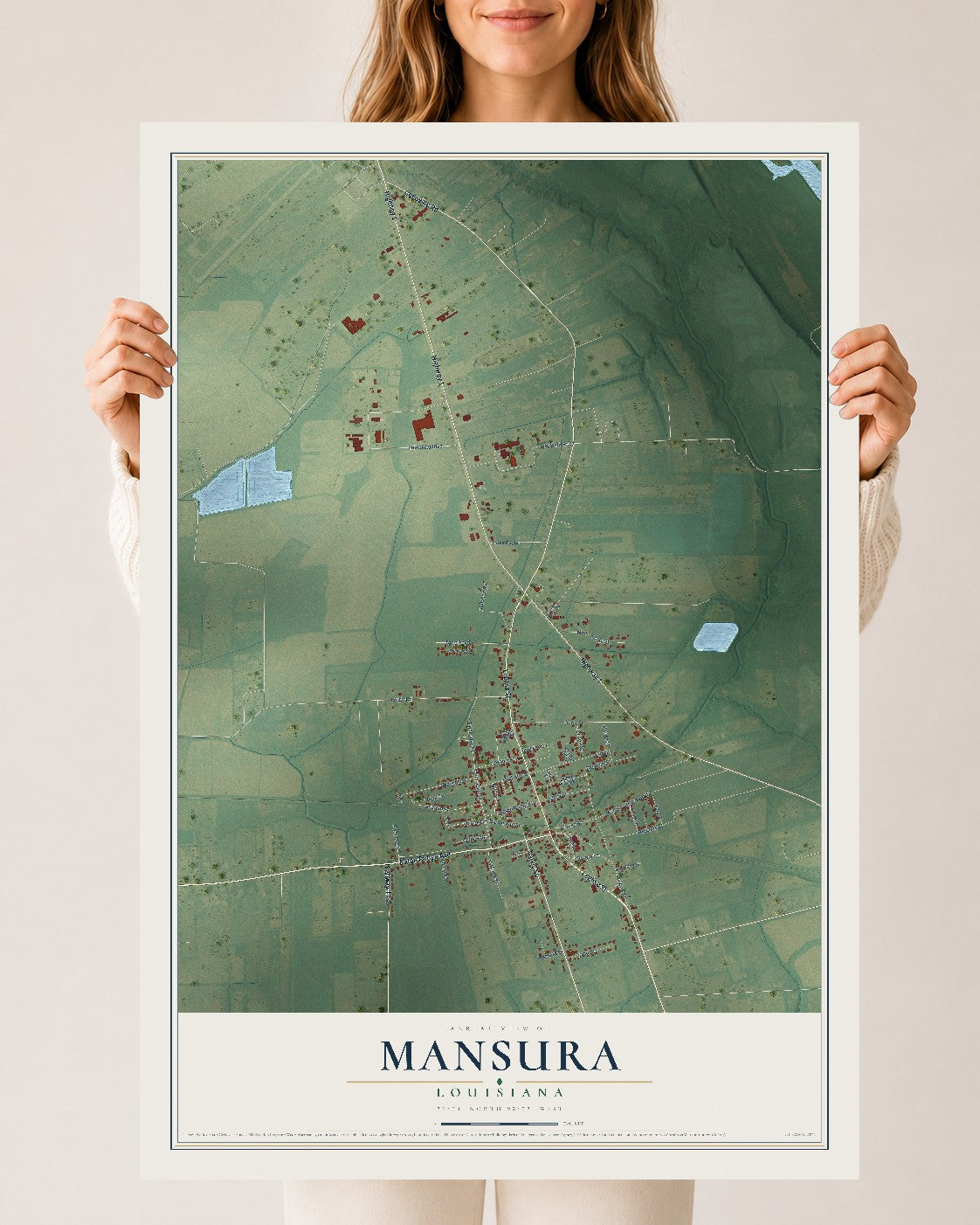 Map of Mansura, Louisiana, 24 x 36 inch unframed archival matte print