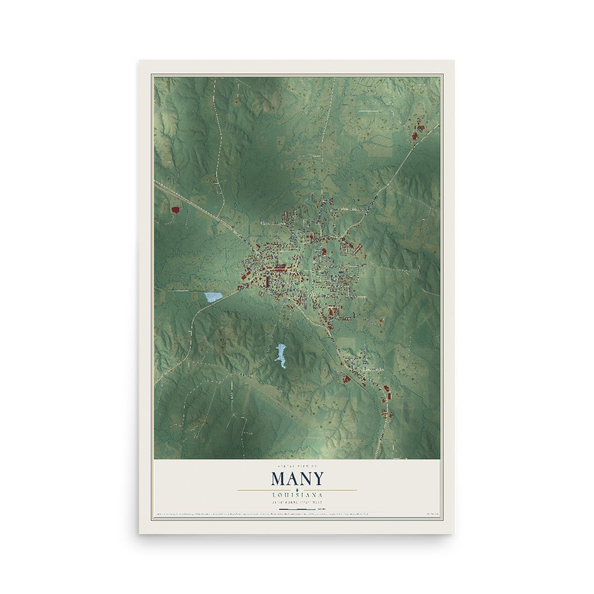 Map of Many, Louisiana, 12 x 18 inch unframed archival matte print