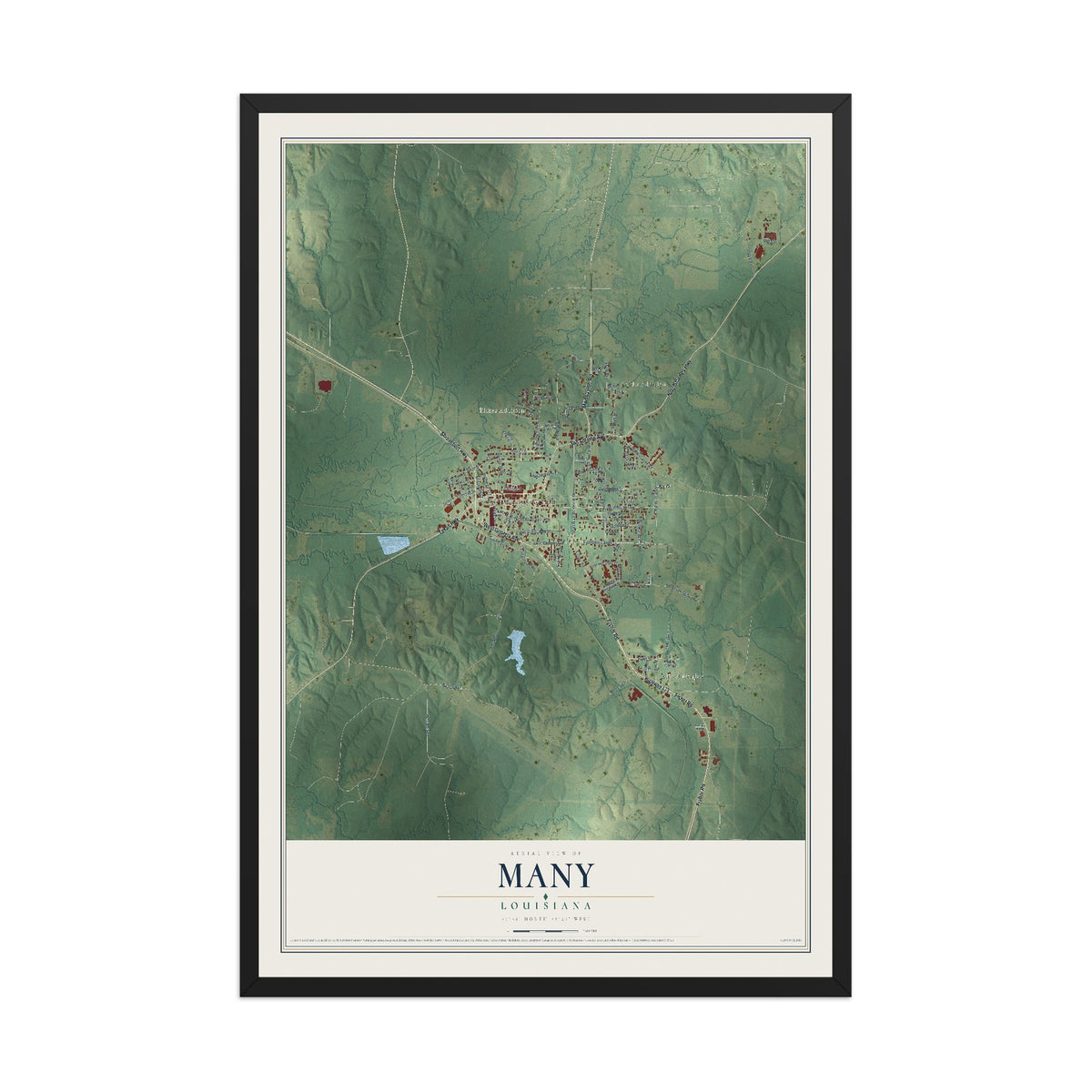 Map of Many, Louisiana, 12 x 18 inch print in a black wood frame