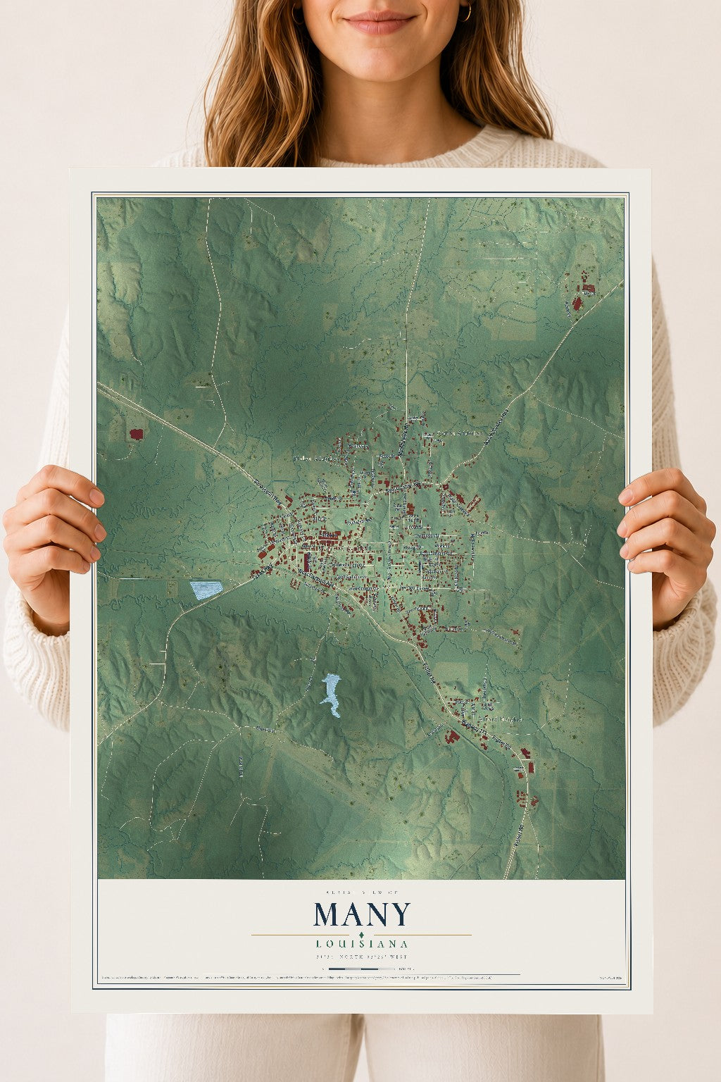Map of Many, Louisiana, 18 x 24 inch unframed archival matte print