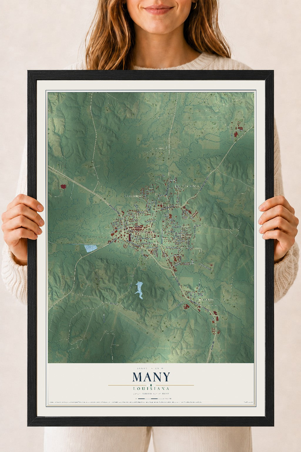 Map of Many, Louisiana, 18 x 24 inch print in a black wood frame
