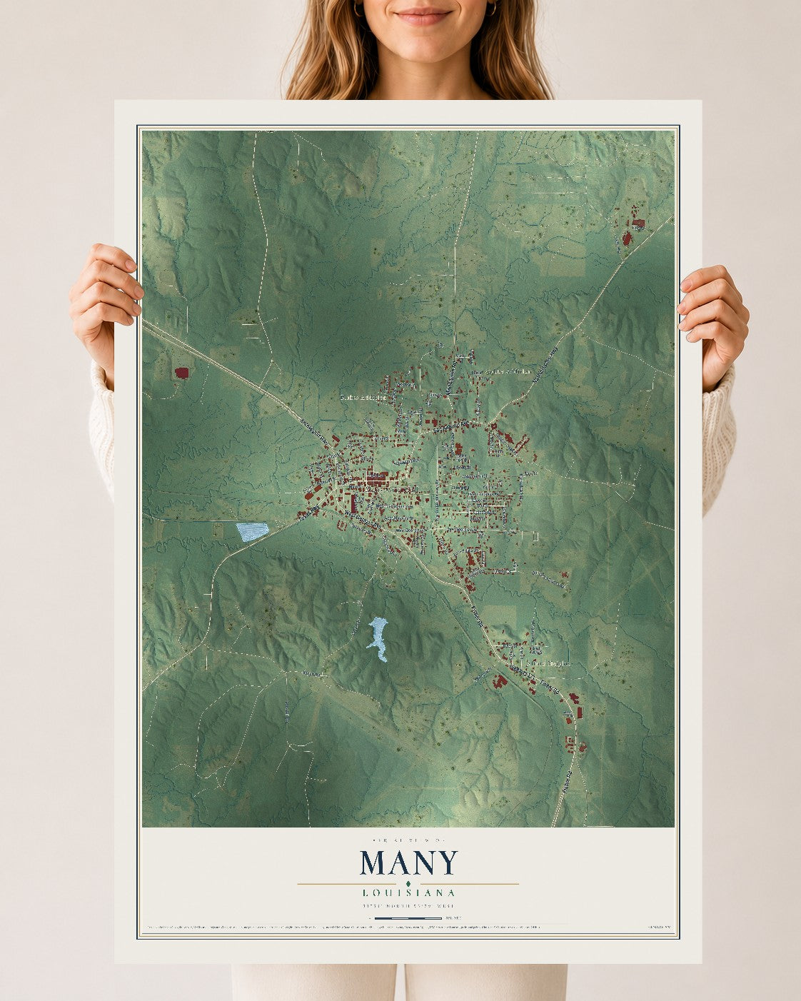 Map of Many, Louisiana, 24 x 36 inch unframed archival matte print