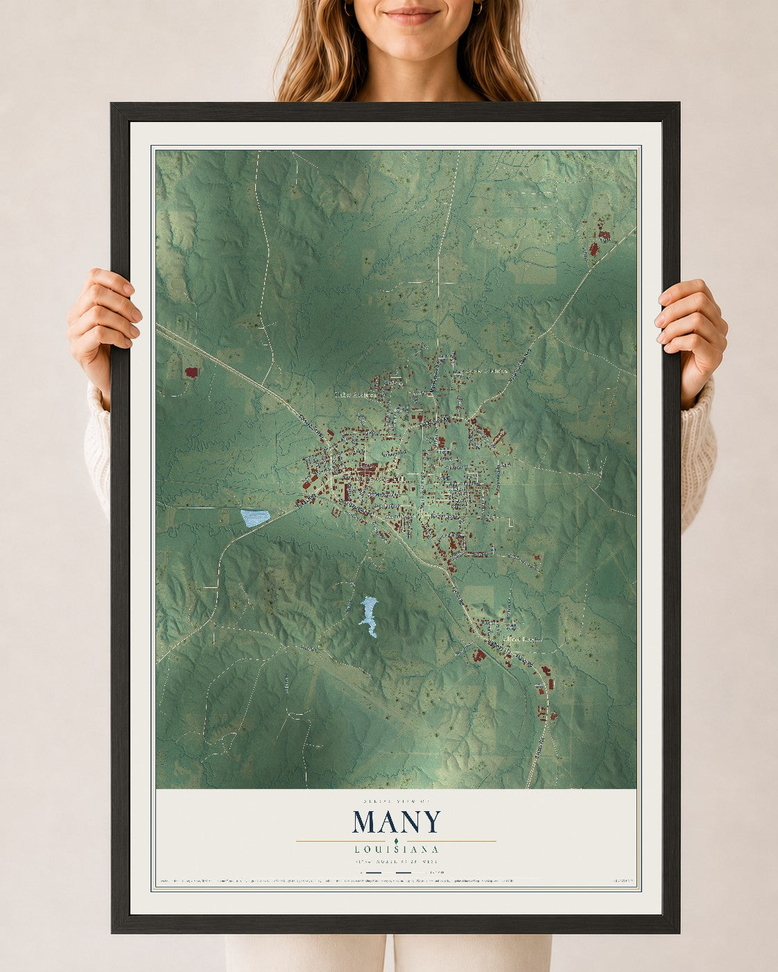 Map of Many, Louisiana, 24 x 36 inch print in a black wood frame