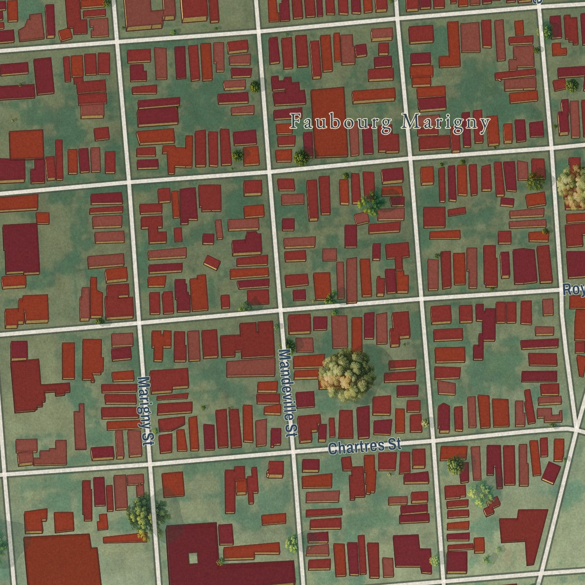 Close-up of the map of Marigny, Louisiana print showing street and building detail