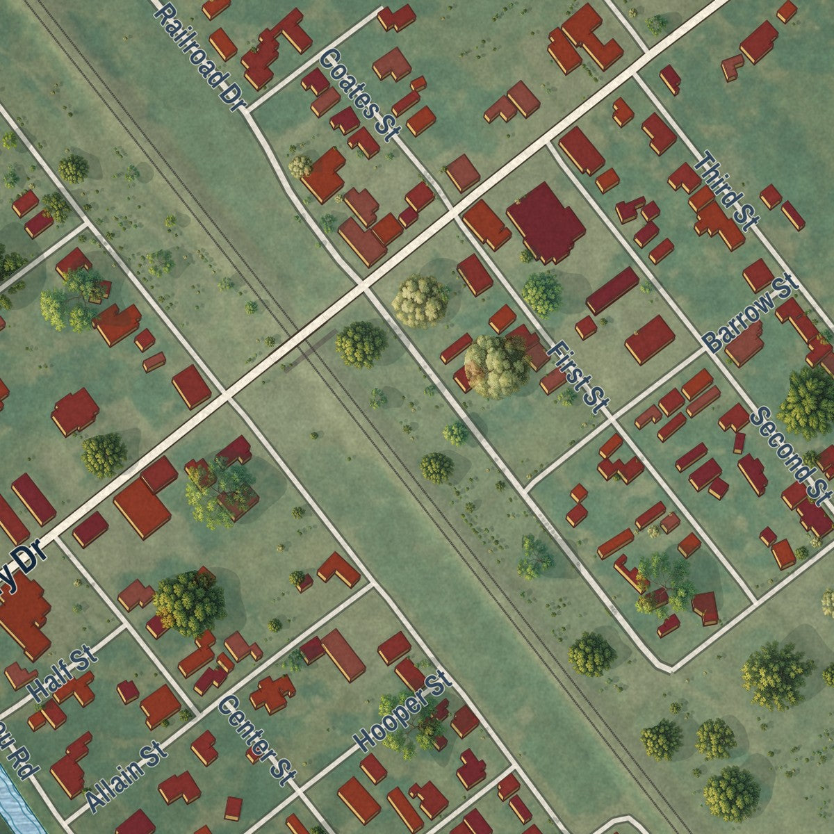 Close-up of the map of Maringouin, Louisiana print showing street and building detail