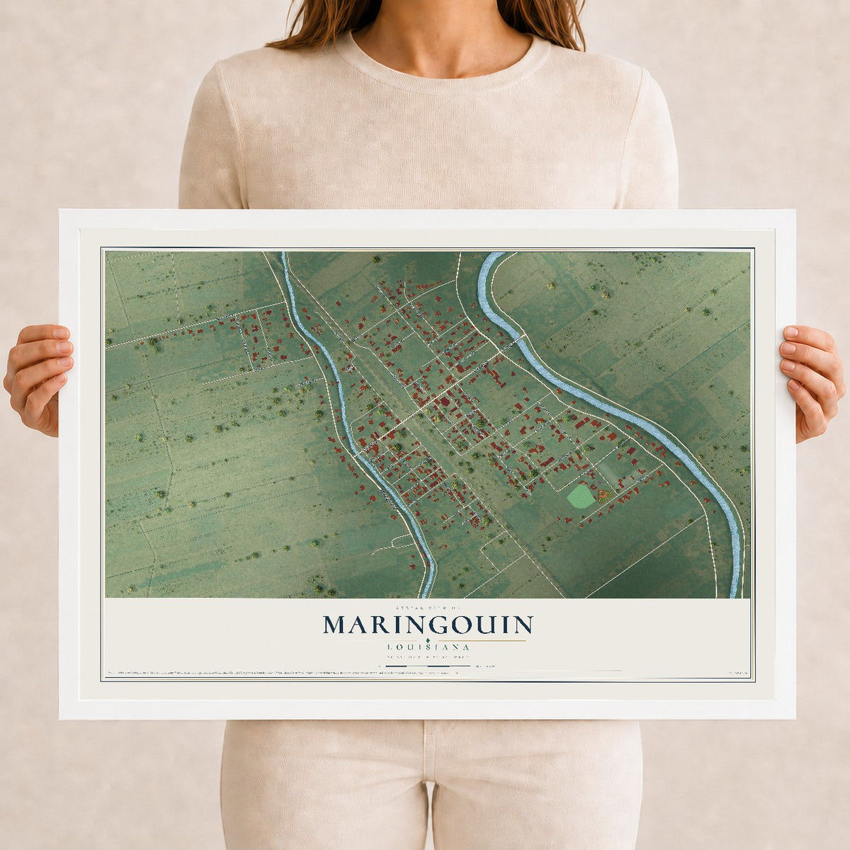 Map of Maringouin, Louisiana, 12 x 18 inch print in a white wood frame