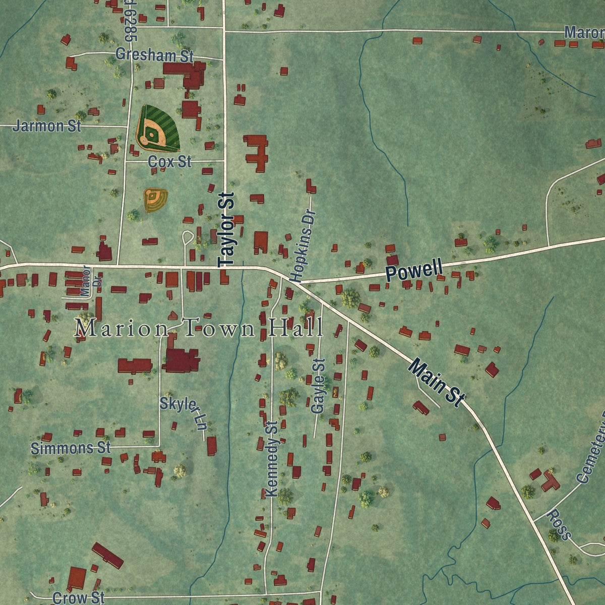 Close-up of the map of Marion, Louisiana print showing street and building detail