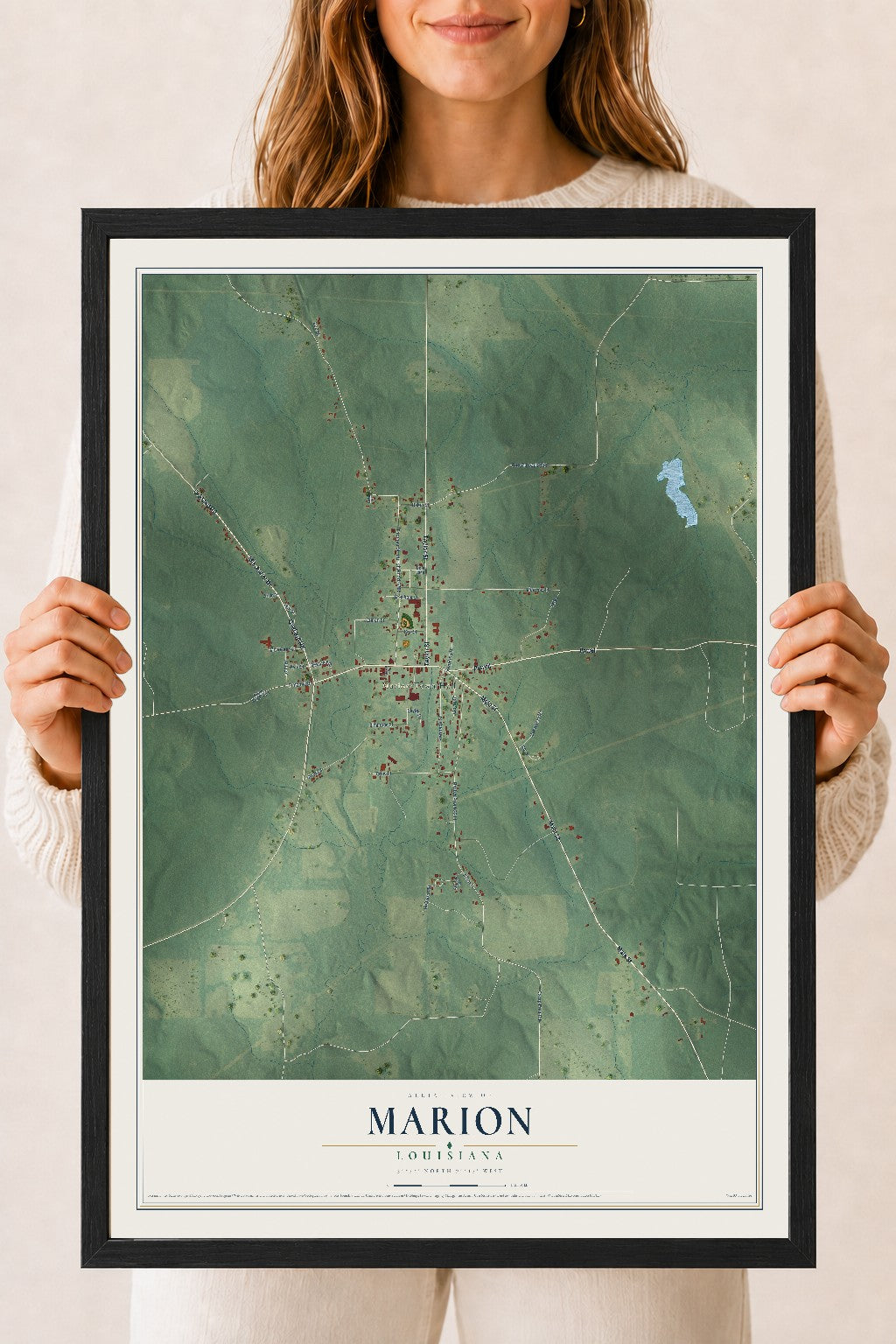 Map of Marion, Louisiana, 18 x 24 inch print in a black wood frame