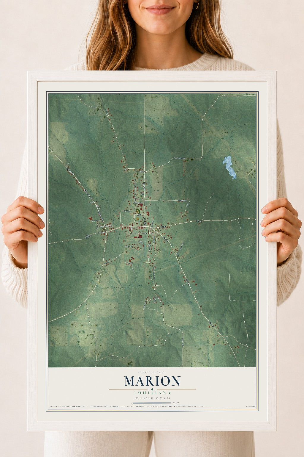 Map of Marion, Louisiana, 18 x 24 inch print in a white wood frame
