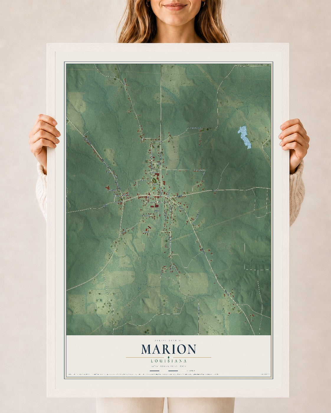 Map of Marion, Louisiana, 24 x 36 inch print in a white wood frame