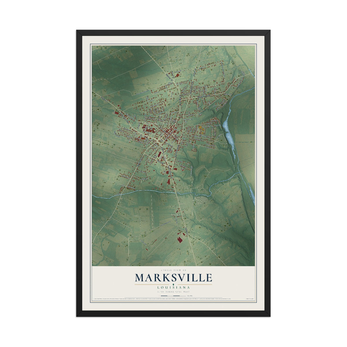 Map of Marksville, Louisiana, 12 x 18 inch print in a black wood frame