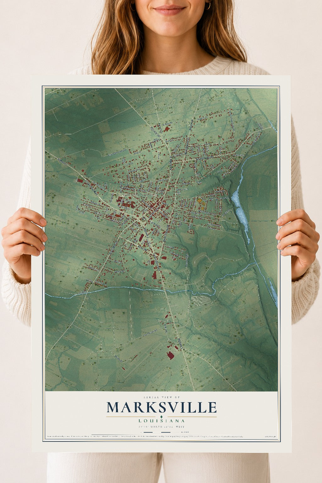 Map of Marksville, Louisiana, 18 x 24 inch unframed archival matte print