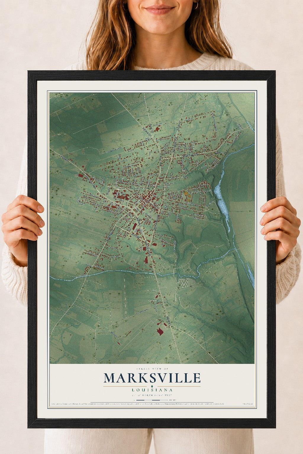 Map of Marksville, Louisiana, 18 x 24 inch print in a black wood frame
