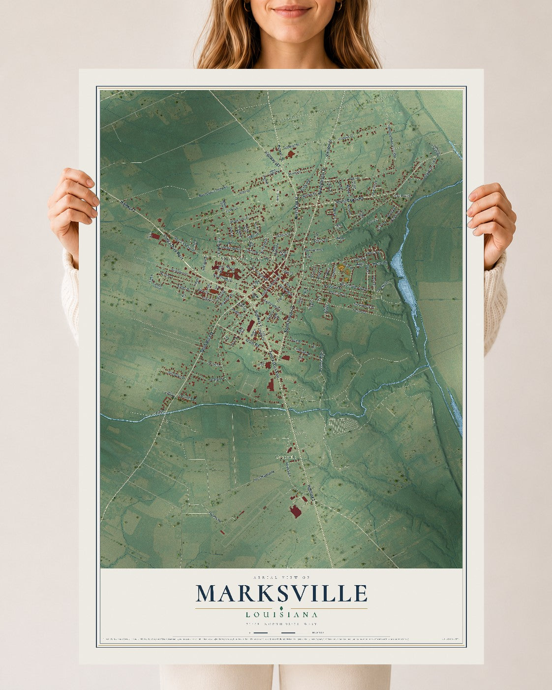 Map of Marksville, Louisiana, 24 x 36 inch unframed archival matte print