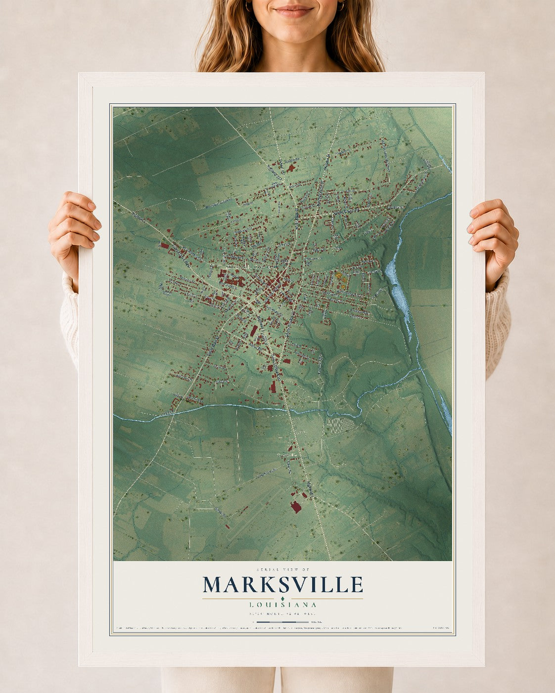 Map of Marksville, Louisiana, 24 x 36 inch print in a white wood frame