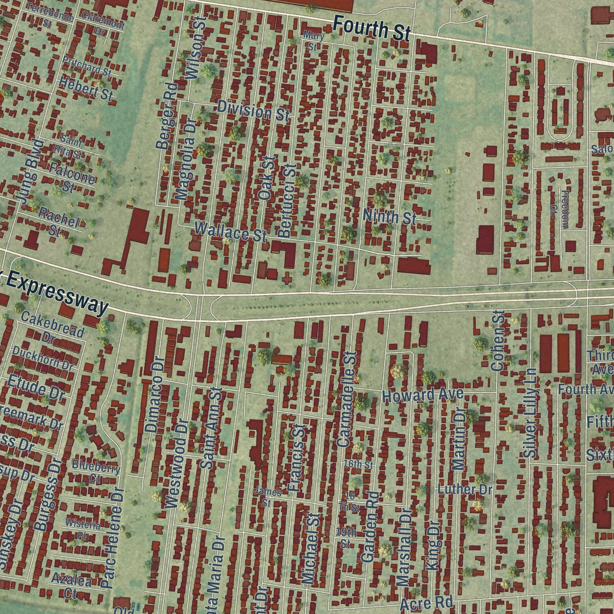 Close-up of the map of Marrero, Louisiana print showing street and building detail