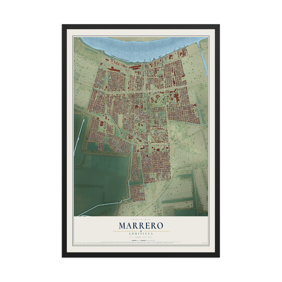 Map of Marrero, Louisiana, 12 x 18 inch print in a black wood frame