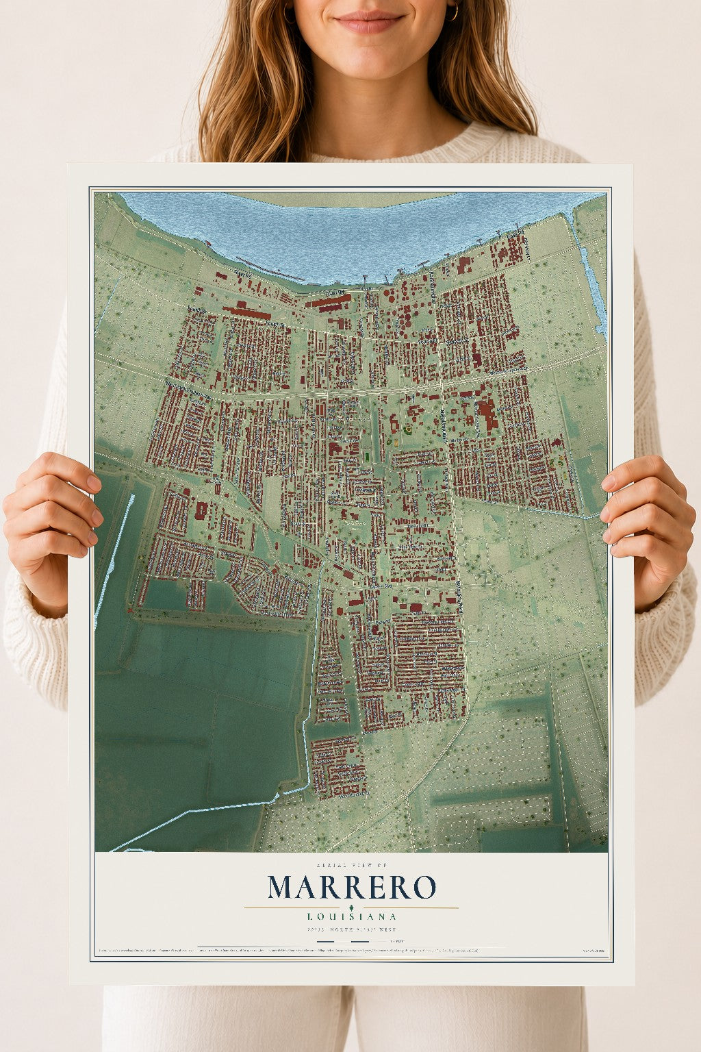 Map of Marrero, Louisiana, 18 x 24 inch unframed archival matte print