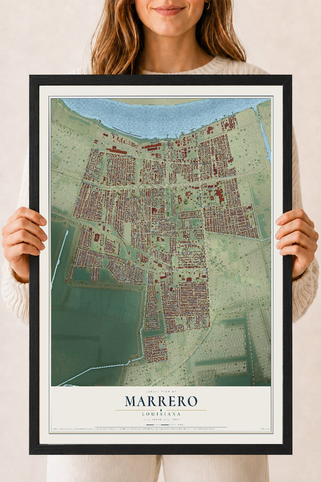 Map of Marrero, Louisiana, 18 x 24 inch print in a black wood frame